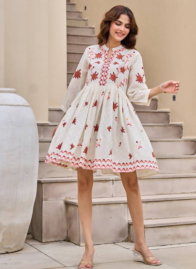 White color beautiful designer embroidery work cotton fabric tunic for girl