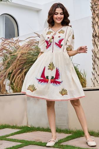 White color beautiful designer embroidery work cotton fabric tunic for girl