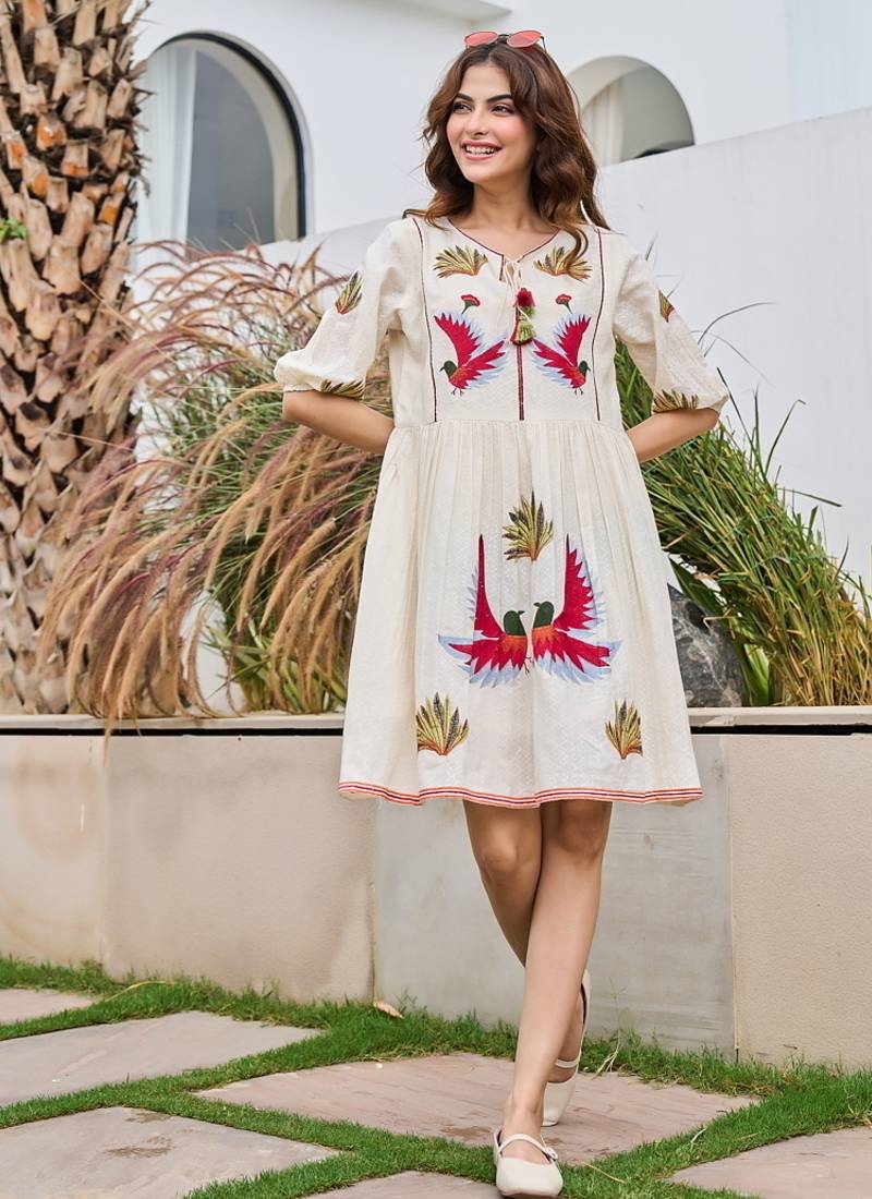 White color beautiful designer embroidery work cotton fabric tunic for girl