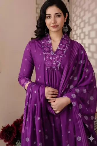 Cotton cambric printed a-line kurti-pant-dupatta  set