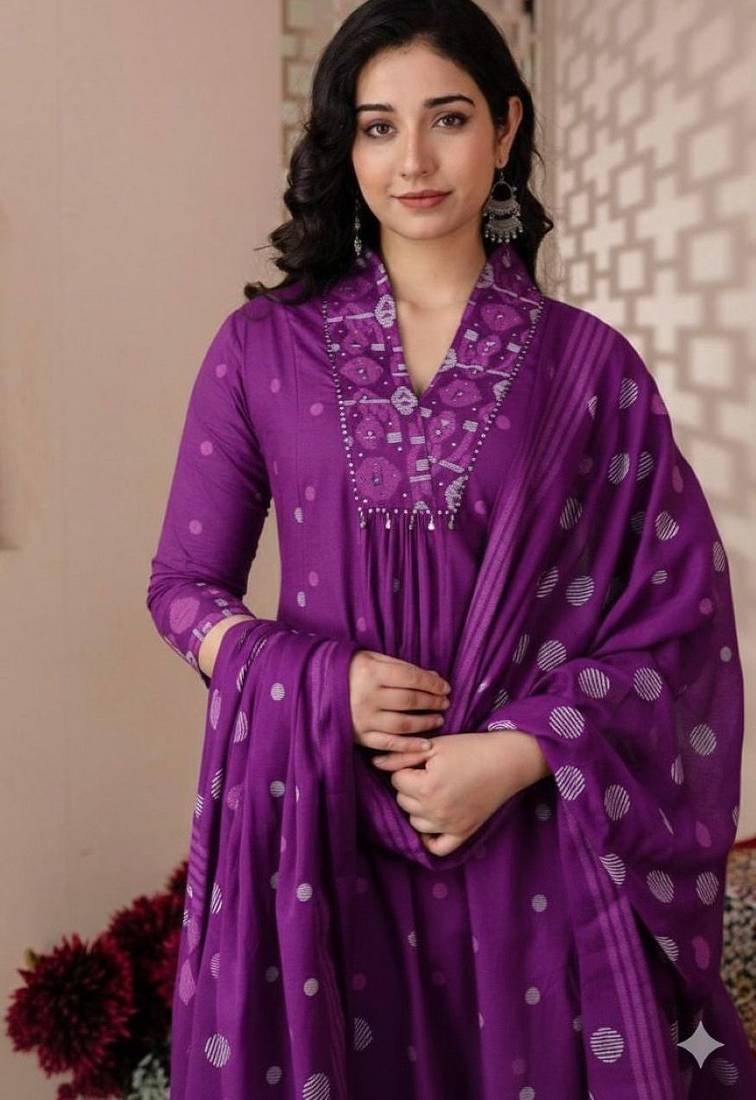 Cotton cambric printed a-line kurti-pant-dupatta  set