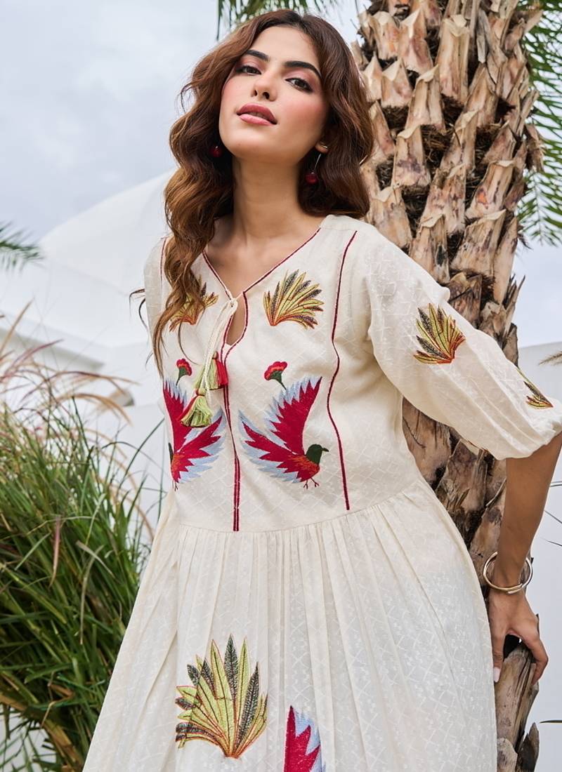 White color beautiful designer embroidery work cotton fabric tunic for girl