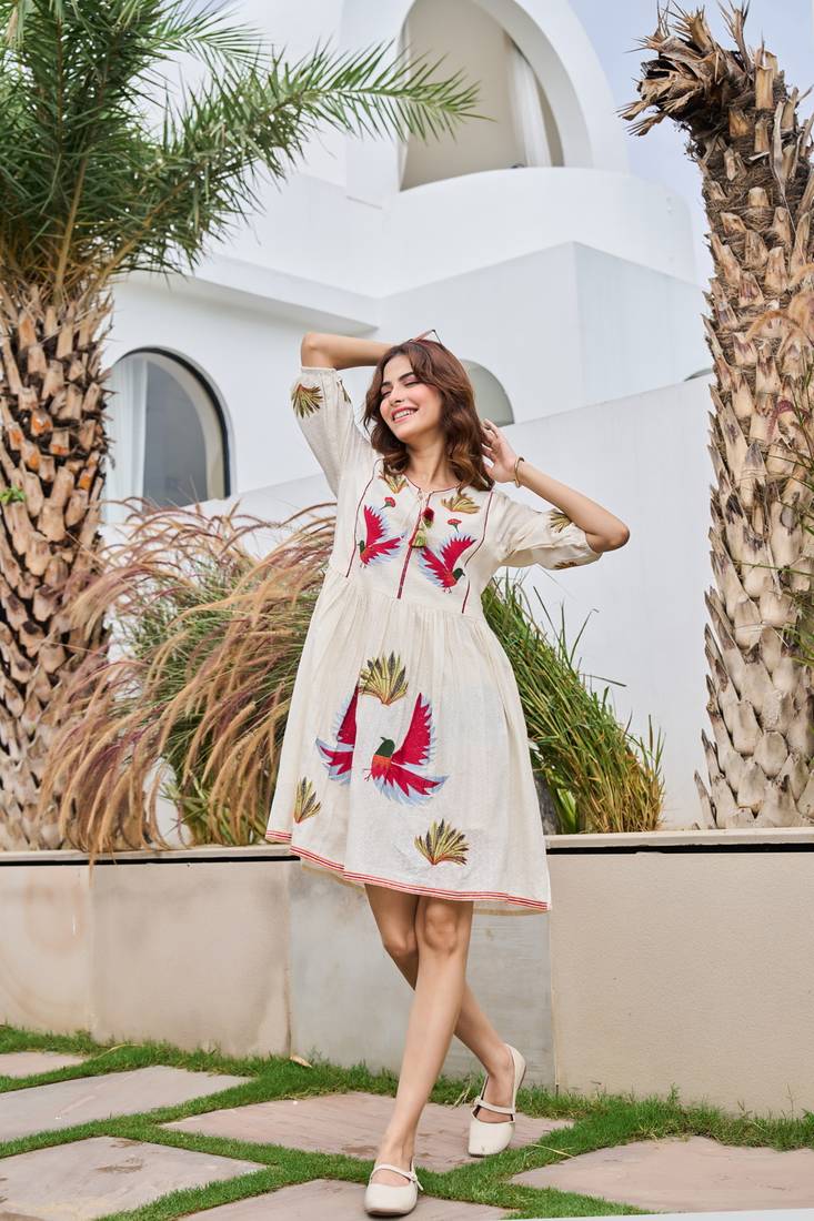 White color beautiful designer embroidery work cotton fabric tunic for girl