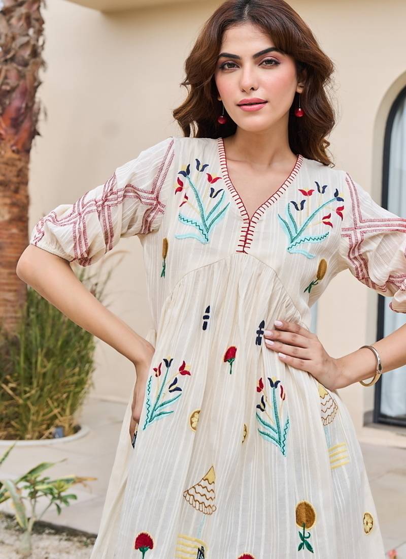 White color beautiful designer embroidery work cotton fabric tunic for girl