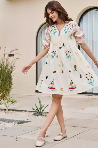 White color beautiful embroidery cotton tunic for girl