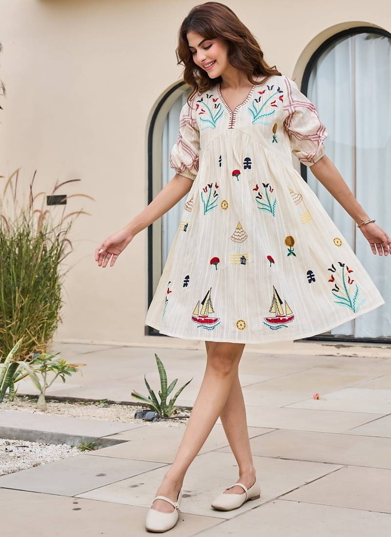 White color beautiful designer embroidery work cotton fabric tunic for girl