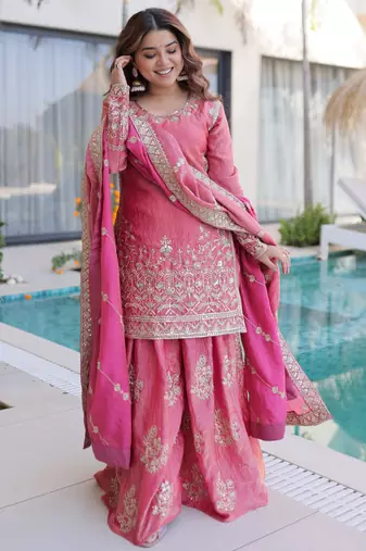 Pink color fendy crush fabric classy sequins embroidered partywear readymade suit with dupatta