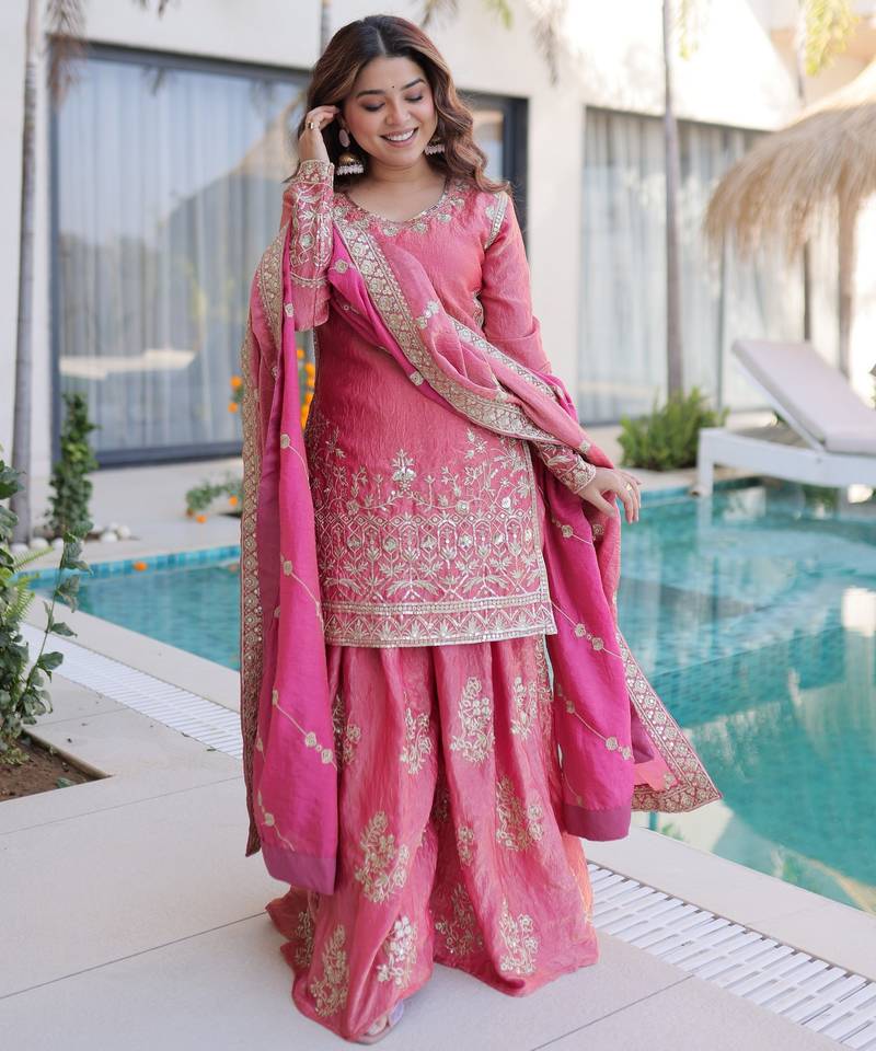 Pink color fendy crush fabric classy sequins embroidered partywear readymade suit with dupatta