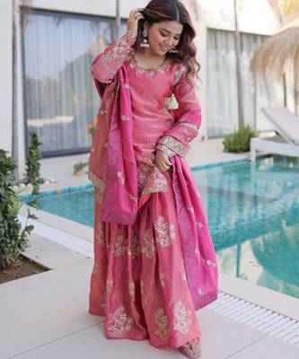 Pink color fendy crush classy sequins embroidered partywear readymade suit with dupatta 2