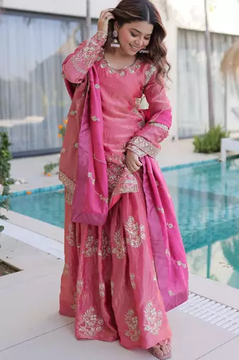 Pink color fendy crush classy sequins embroidered partywear readymade suit with dupatta