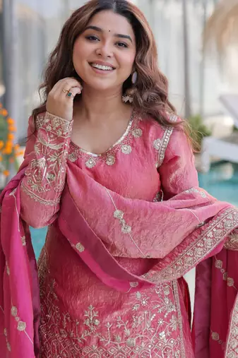Pink color fendy crush classy sequins embroidered partywear readymade suit with dupatta