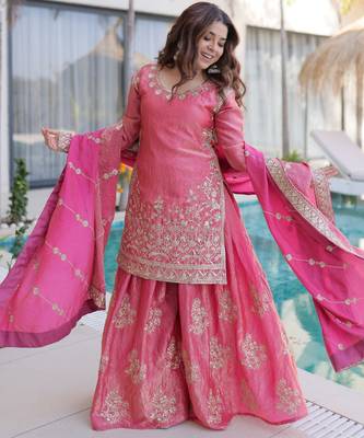 Pink color fendy crush classy sequins embroidered partywear readymade suit with dupatta 4