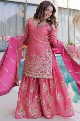 Pink color fendy crush classy sequins embroidered partywear readymade suit with dupatta