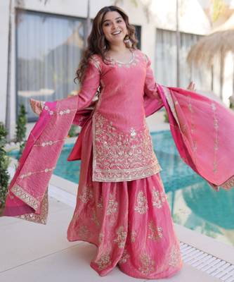 Pink color fendy crush classy sequins embroidered partywear readymade suit with dupatta 5