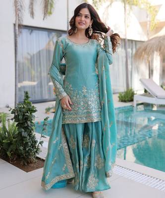 Sea green color fendy crush classy sequins embroidered partywear readymade suit with dupatta 1