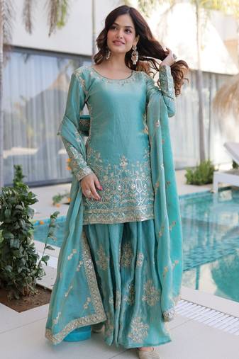Sea green color fendy crush fabric classy sequins embroidered partywear readymade suit with dupatta