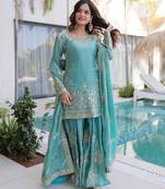 Sea green color fendy crush fabric classy sequins embroidered partywear readymade suit with dupatta
