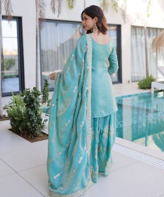 Sea green color fendy crush classy sequins embroidered partywear readymade suit with dupatta 2