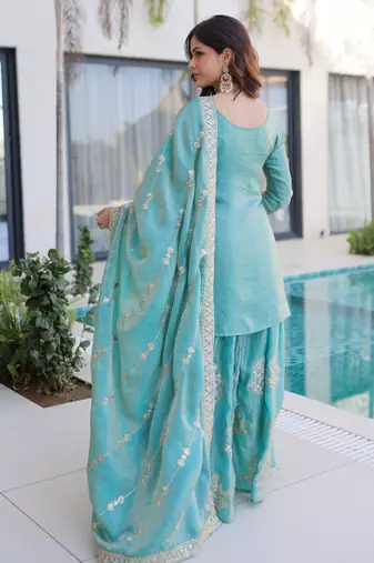 Sea green color fendy crush classy sequins embroidered partywear readymade suit with dupatta