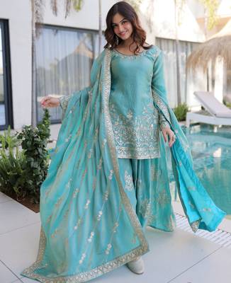 Sea green color fendy crush classy sequins embroidered partywear readymade suit with dupatta 4