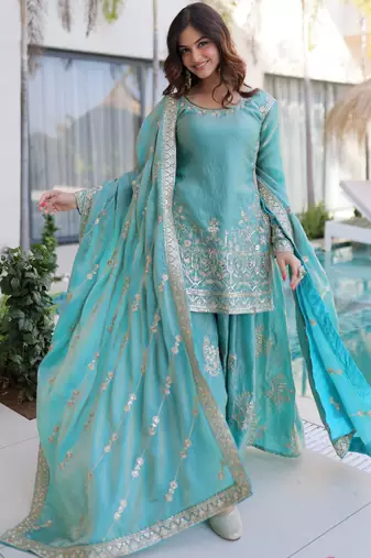 Sea green color fendy crush classy sequins embroidered partywear readymade suit with dupatta