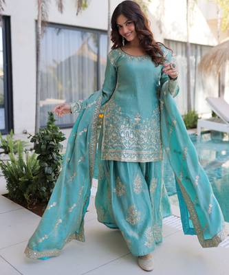 Sea green color fendy crush classy sequins embroidered partywear readymade suit with dupatta 5