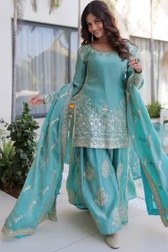 Sea green color fendy crush classy sequins embroidered partywear readymade suit with dupatta