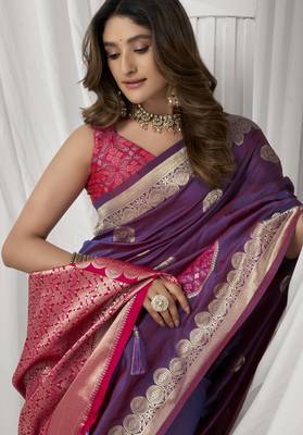 Magenta soft silk blend saree with elegant fancy pom-pom pallu 4