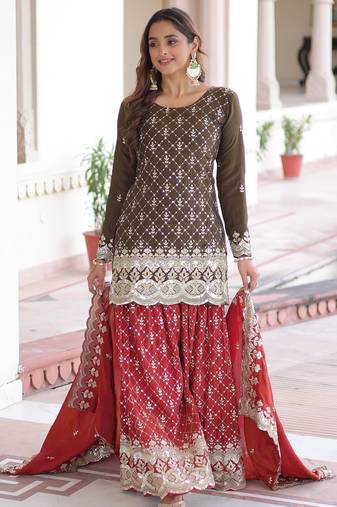 Brown color vichitra silk fabric classy sequins embroidered partywear readymade suit with dupatta