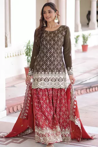Brown color vichitra silk fabric classy sequins embroidered partywear readymade suit with dupatta
