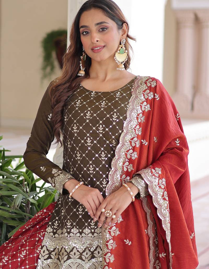 Brown color vichitra silk fabric classy sequins embroidered partywear readymade suit with dupatta