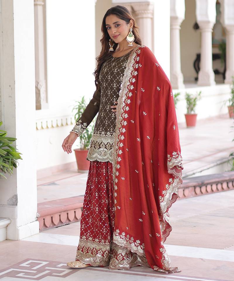 Brown color vichitra silk fabric classy sequins embroidered partywear readymade suit with dupatta
