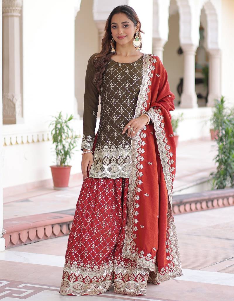 Brown color vichitra silk fabric classy sequins embroidered partywear readymade suit with dupatta