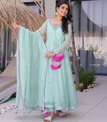 Sea green color beautiful readymade dress on georgette fabric for graceful girlie looks