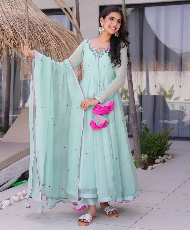 Sea green color beautiful readymade dress on georgette fabric for graceful girlie looks