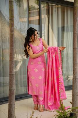 Pink color beautiful readymade dress on chanderi for graceful looks 1
