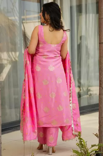 Pink color beautiful readymade dress on chanderi for graceful looks