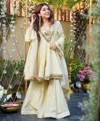 Cream color beautiful readymade dress on chinon for graceful looks 4