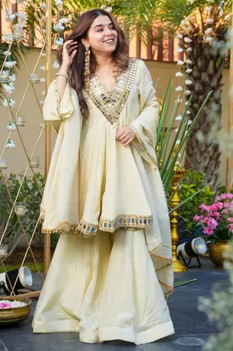 Cream color beautiful readymade dress on chinon for graceful looks