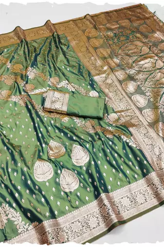 green zari woven banarasi silk blend saree with rich zari