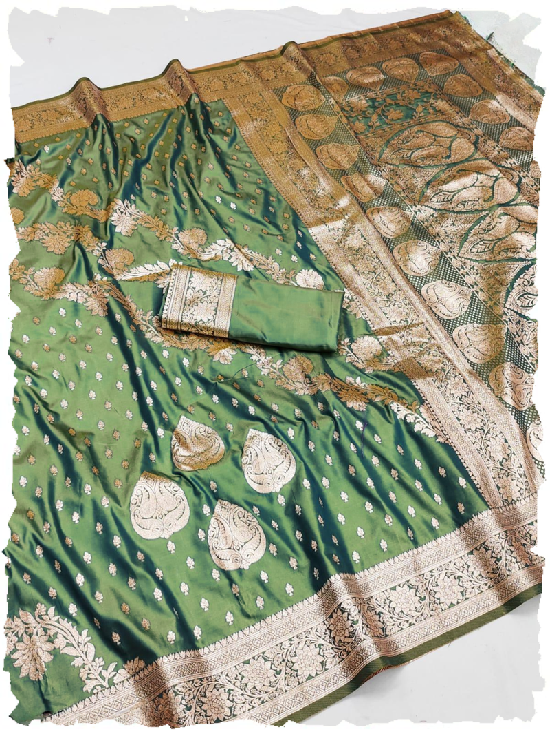 green zari woven banarasi silk blend saree with rich zari