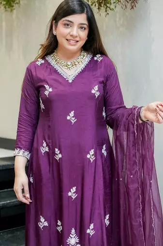 Wine color beautiful readymade dress on muslin for graceful looks
