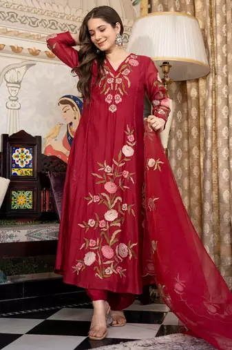 Maroon color beautiful readymade dress on muslin fabric for graceful girlie looks