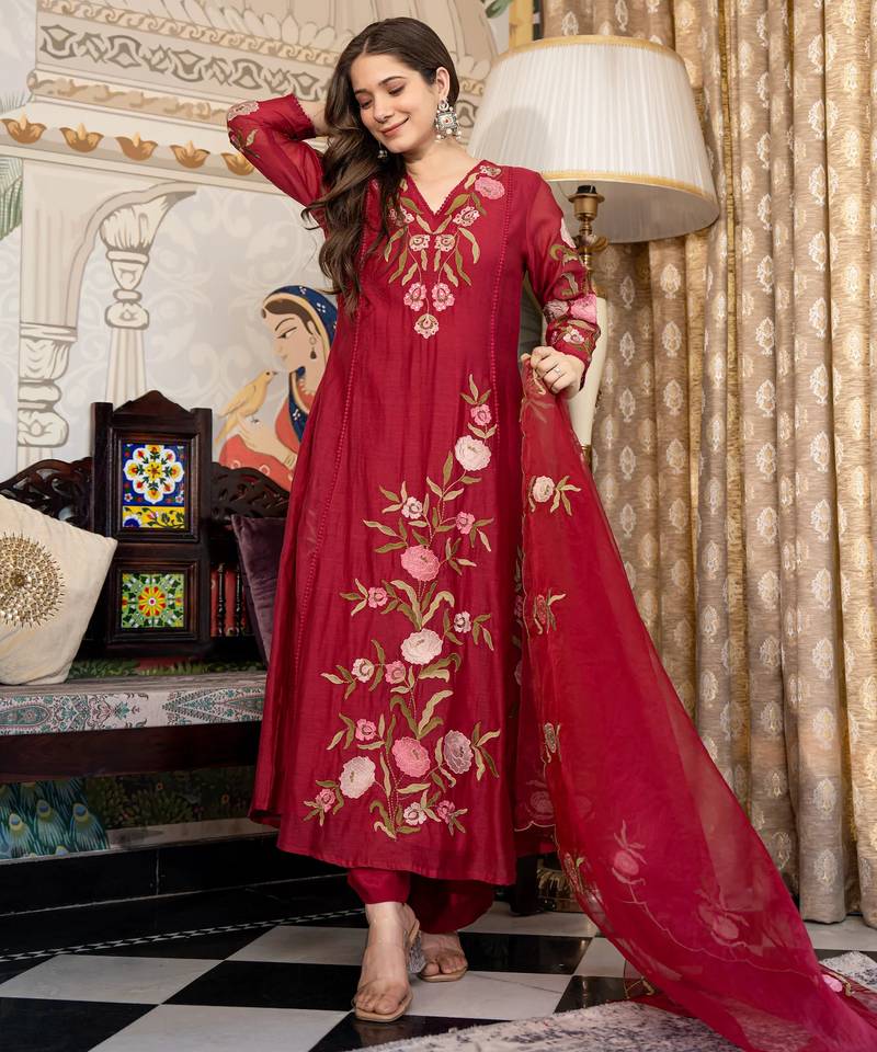 Maroon color beautiful readymade dress on muslin fabric for graceful girlie looks