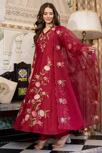 Maroon color beautiful readymade dress on muslin for graceful looks