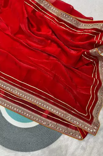 Red Color Plain Saree With Zari Dori Embroidery Work Satin Silk Blend Saree