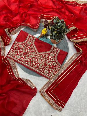 Red Color Plain Saree With Zari Dori Embroidery Work Satin Silk Blend Saree 4