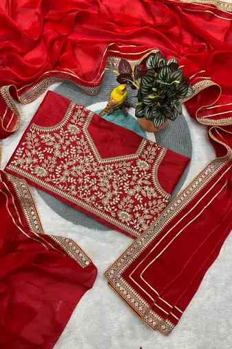 Red Color Plain Saree With Zari Dori Embroidery Work Satin Silk Blend Saree