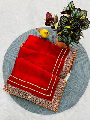 Red Color Plain Saree With Zari Dori Embroidery Work Satin Silk Blend Saree 5
