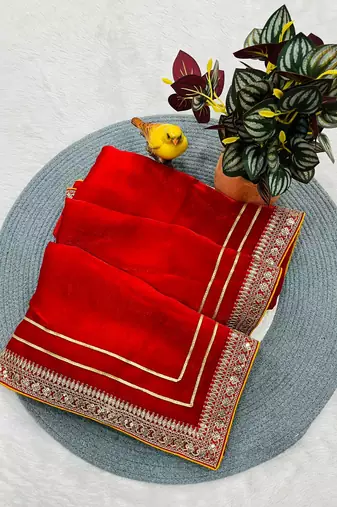 Red Color Plain Saree With Zari Dori Embroidery Work Satin Silk Blend Saree
